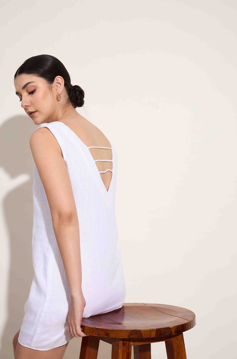 100% Linen Mini Dress with V-Neck | White