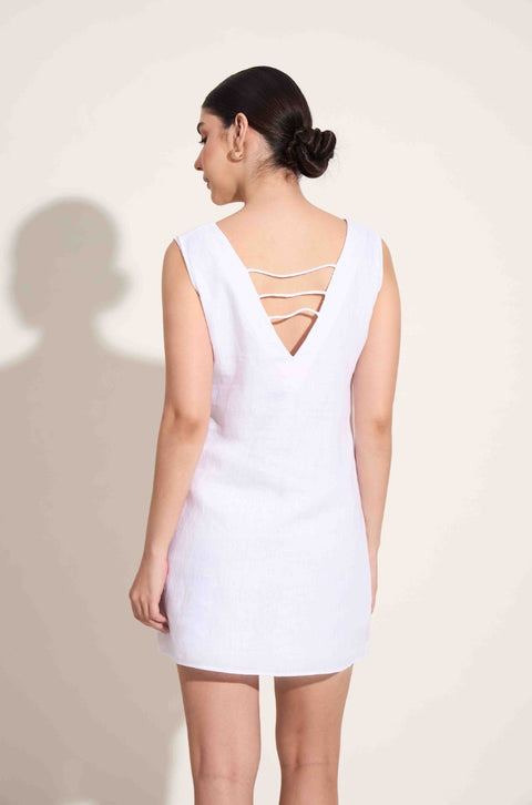 100% Linen Mini Dress with V-Neck | White