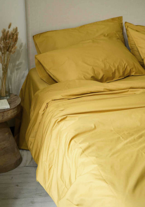 100% Organic Cotton Duvet Cover With Pillowcases- Mustard Yellow (300 TC)