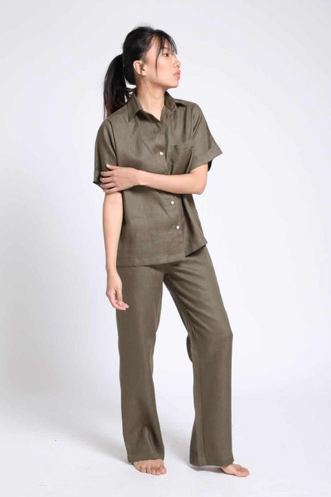 Linen Pyjama set in- Olive