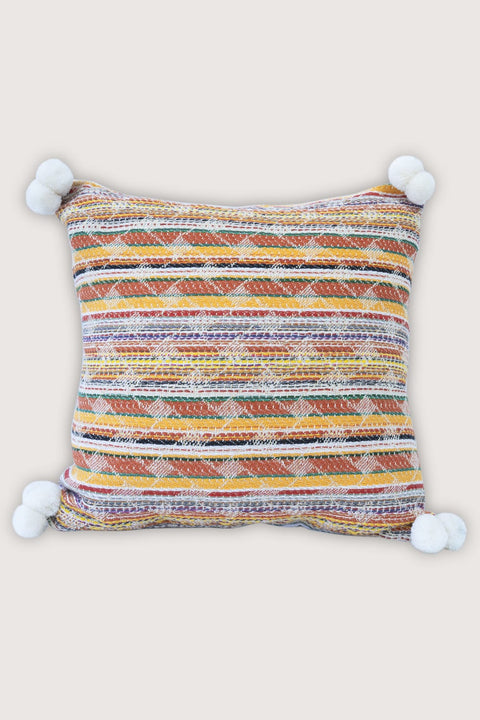 WOVEN MULTICOLOR CUSHION WITH POM POM