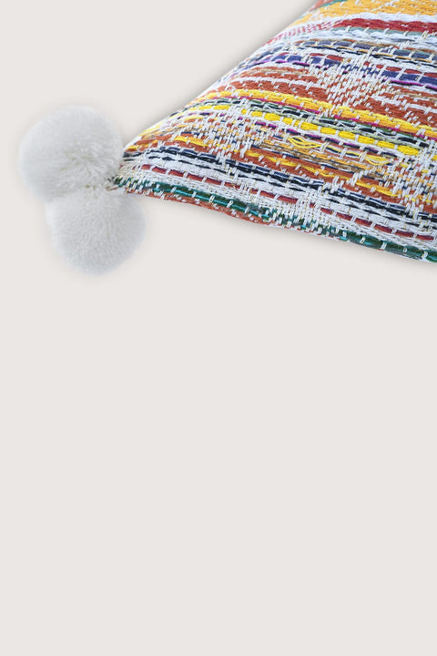 WOVEN MULTICOLOR CUSHION WITH POM POM