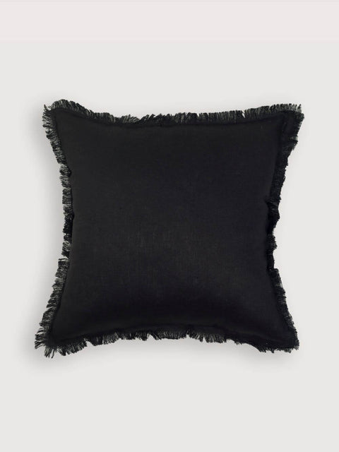 Linen cushion cover with frayed edges- Black