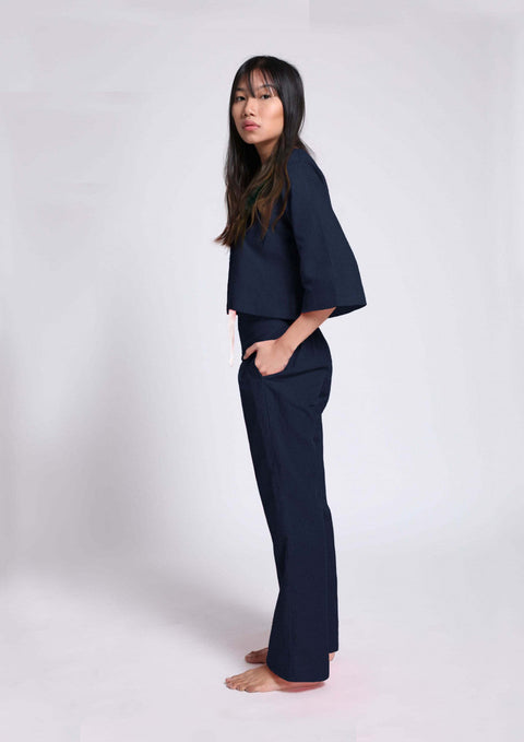 100% Linen Pyjama set with bell sleeves in - Navy