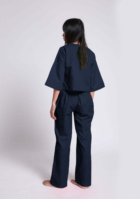 100% Linen Pyjama set with bell sleeves in - Navy