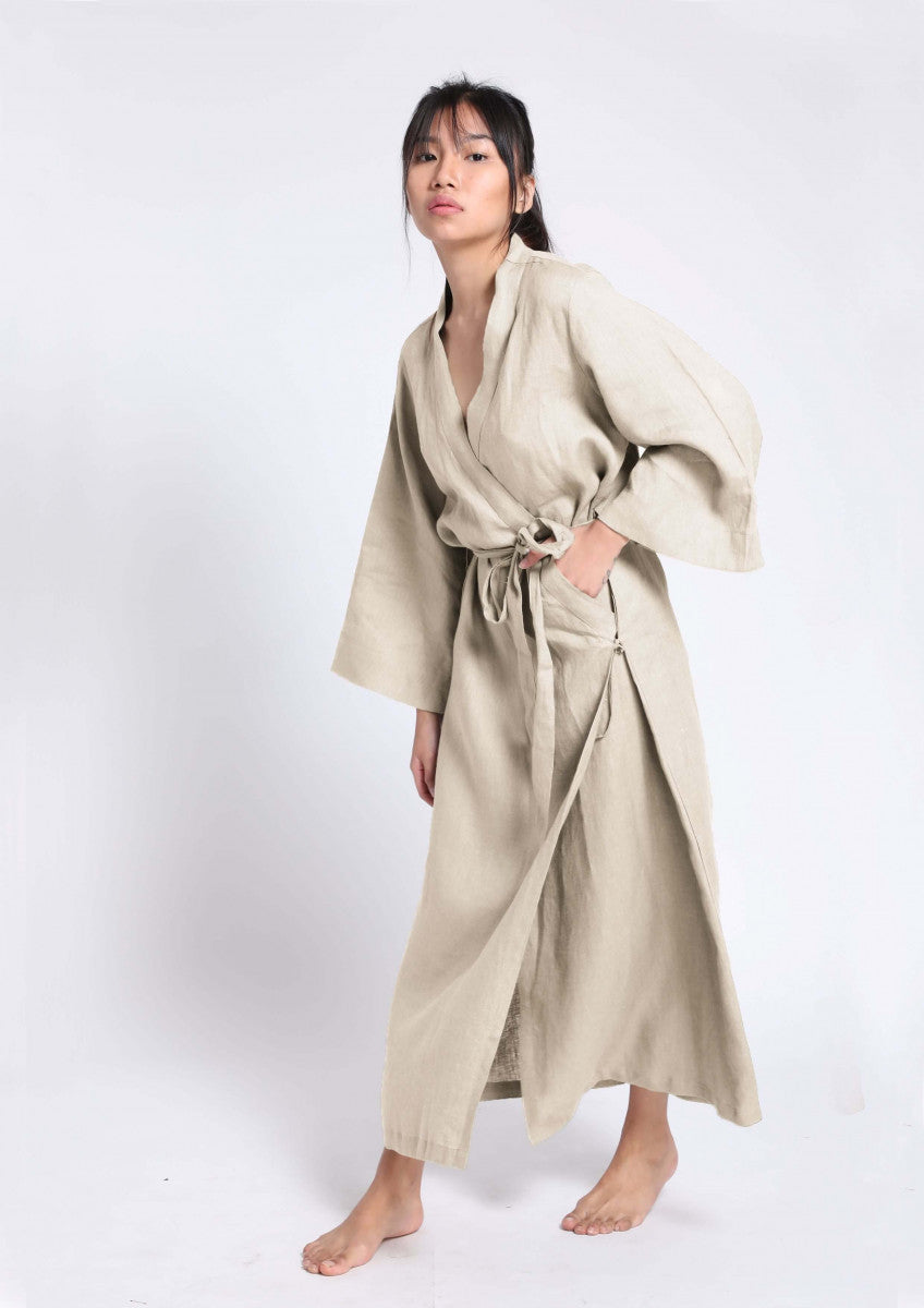 Linen Robe- Beige ( Free Size) – Linen on me